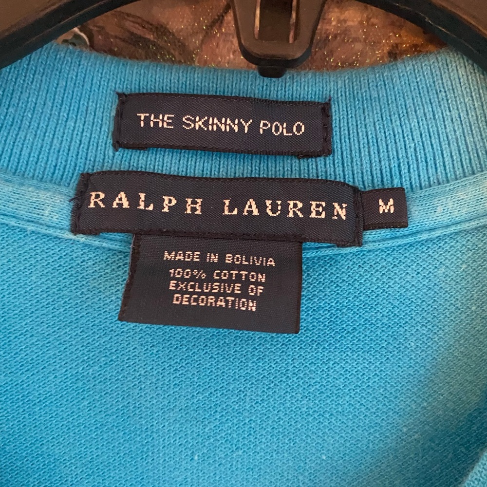 EUC Ralph Lauren Skinny Polo Top Turquoise Yellow Insignia - Picture 2 of 6